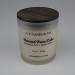 JF Candle Co. Almond Rum Cake candle 12oz, soy wax and single hemp wick, frosted glass jar with wooden lid