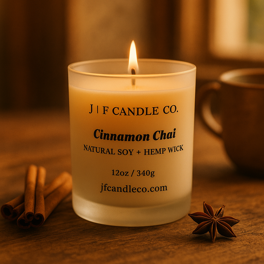 Lit Cinnamon Chai soy candle in a frosted glass jar with cinnamon sticks and star anise on a warm wooden surface.