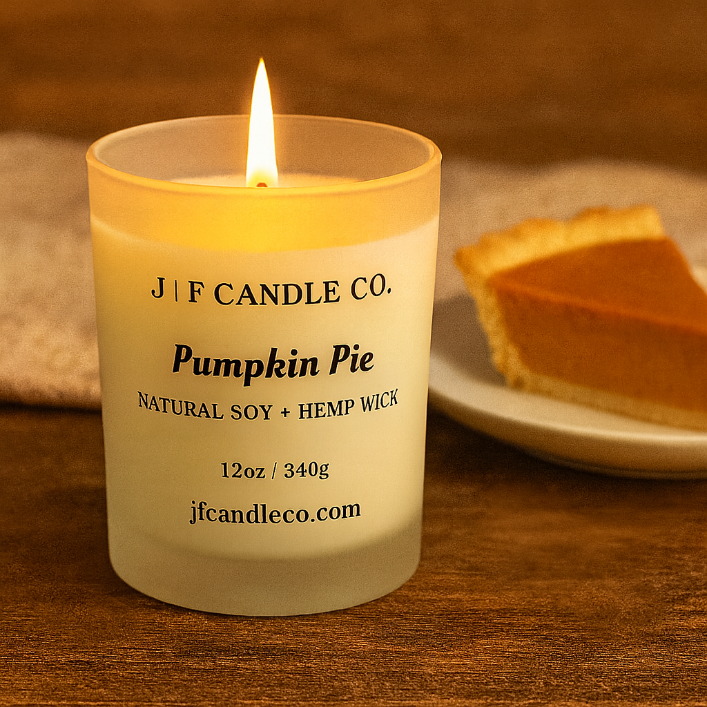 Lit Pumpkin Pie soy candle in a frosted glass jar from J | F Candle Co., placed on a rustic wooden surface with a slice of pumpkin pie in the background. Warm autumn tones create a cozy seasonal atmosphere.