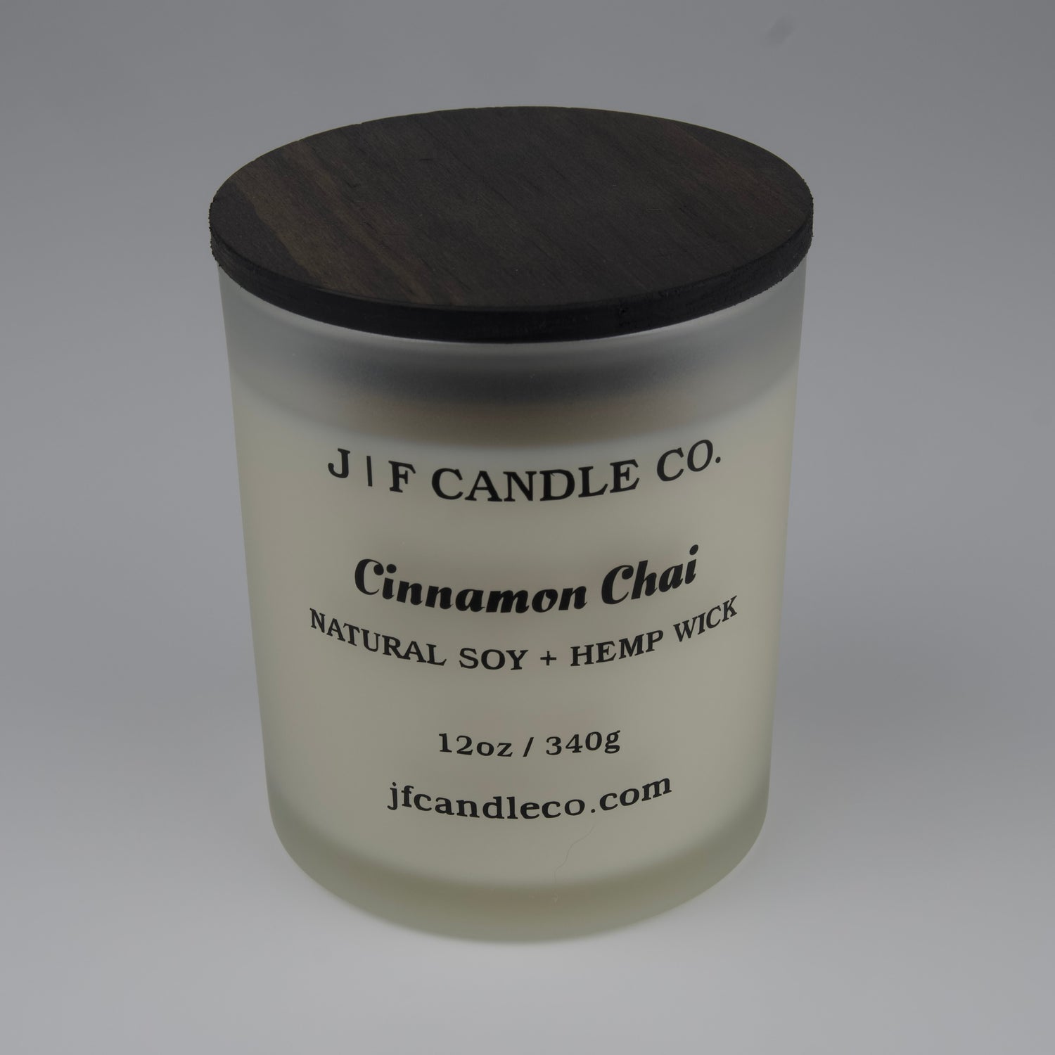 Cinnamon Chai soy candle with frosted candle jar single wick with brown wooden lid