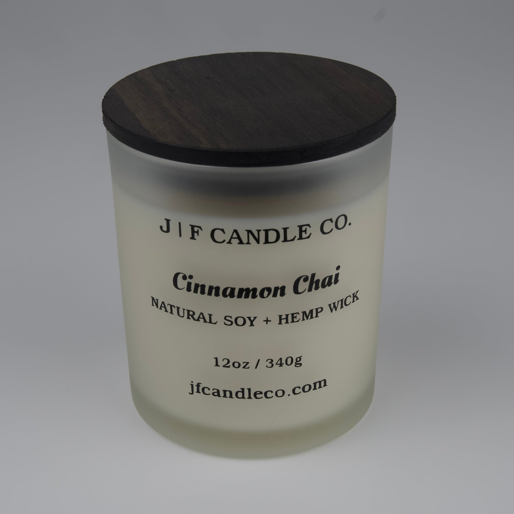 Cinnamon Chai soy candle with frosted candle jar single wick with brown wooden lid