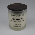 Hot Apple Pie Soy Candle by JF Candle Co. in a frosted glass jar with wooden lid, 12oz hand-poured natural soy wax with hemp wick.