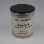 Frosted candle jar with black lid labeled 'J/F Candle Co. Azure Coast'