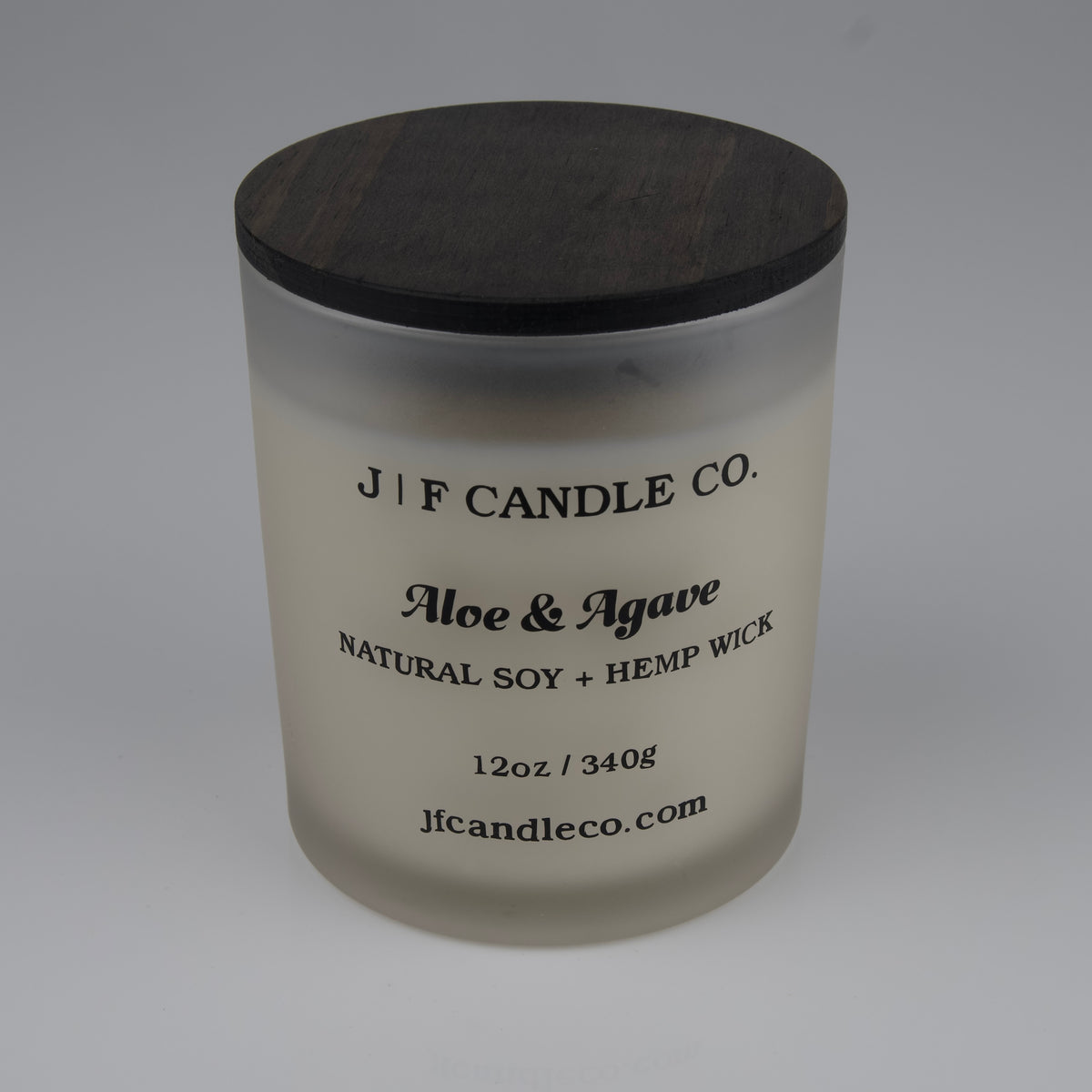 JF Candle Co. Aloe and Agave candle 12oz, soy wax and single hemp wick, frosted glass jar with wooden lid