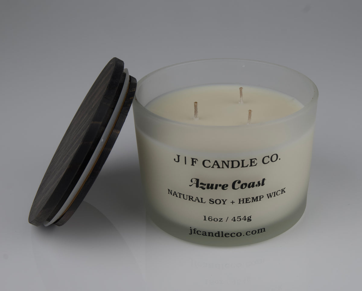 JF Candle Co. candle with a brown lid