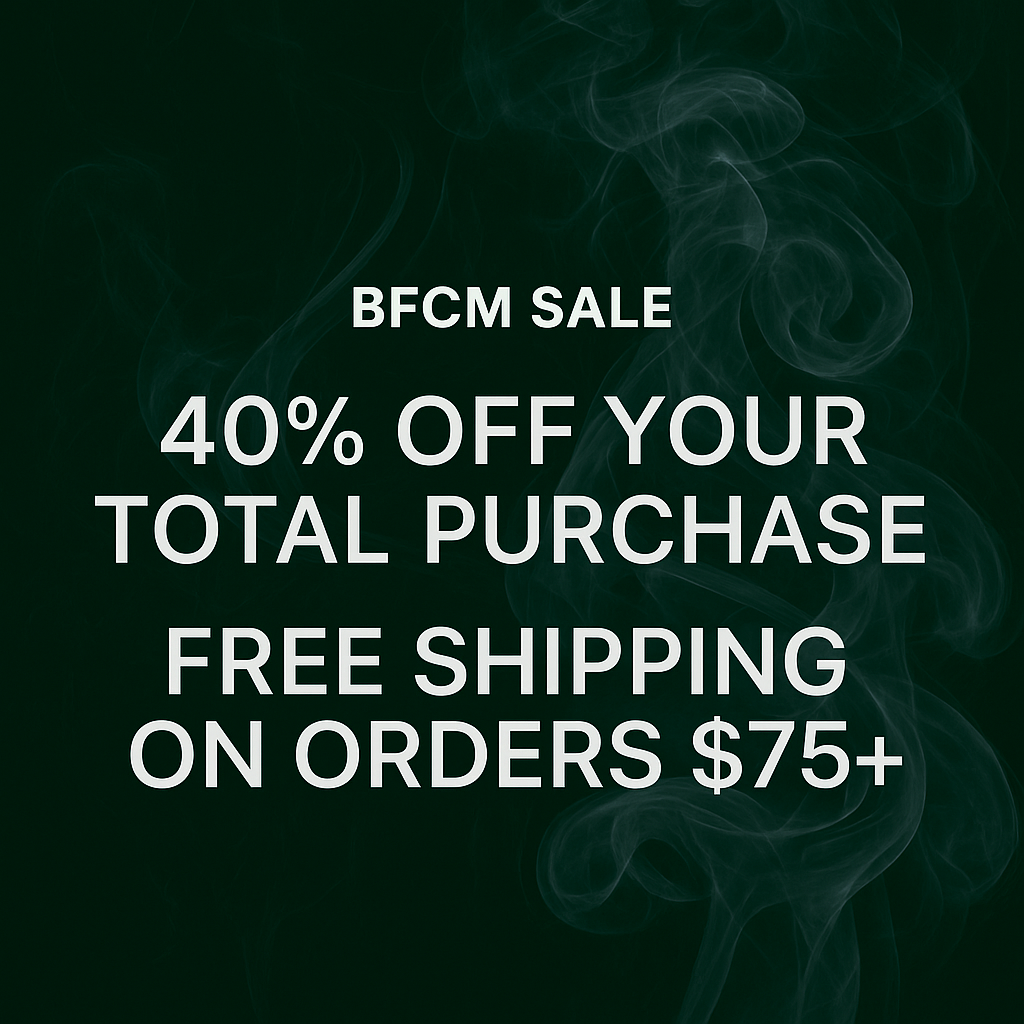 Dark green banner with swirling smoke in the background and bold white text that reads: ‘BFCM Sale – 40% Off Your Total Purchase, Free Shipping on Orders $75+.’