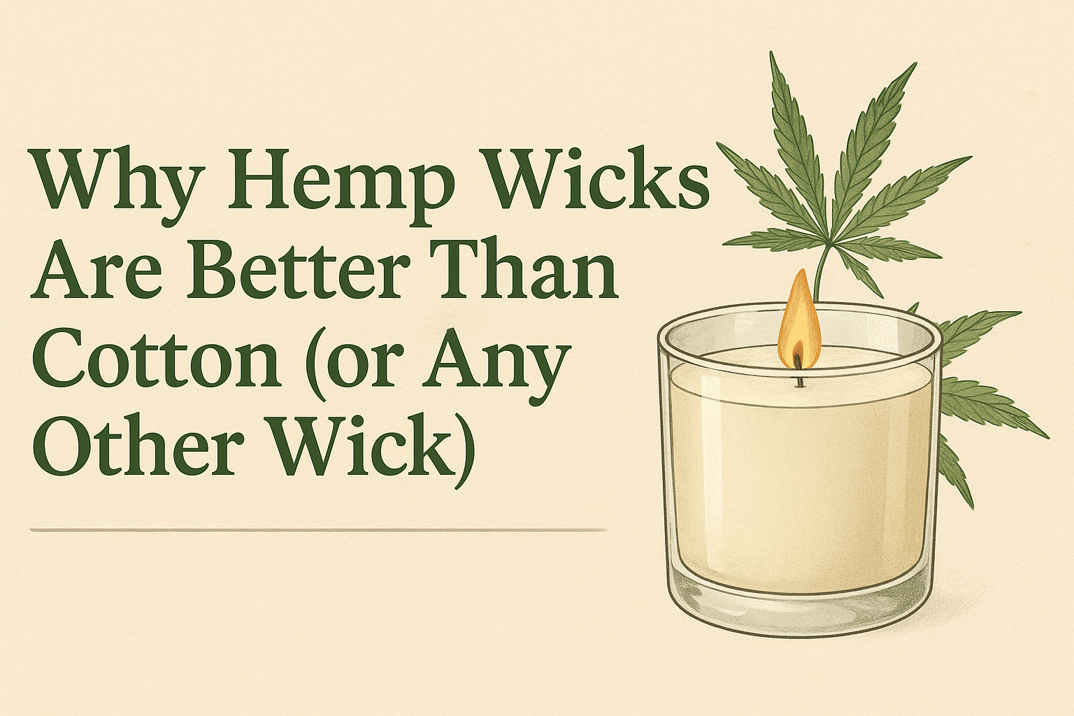 Illustration of a burning candle with hemp leaves behind it and the text “Why Hemp Wicks Are Better Than Cotton (or Any Other Wick)” in green on a beige background.