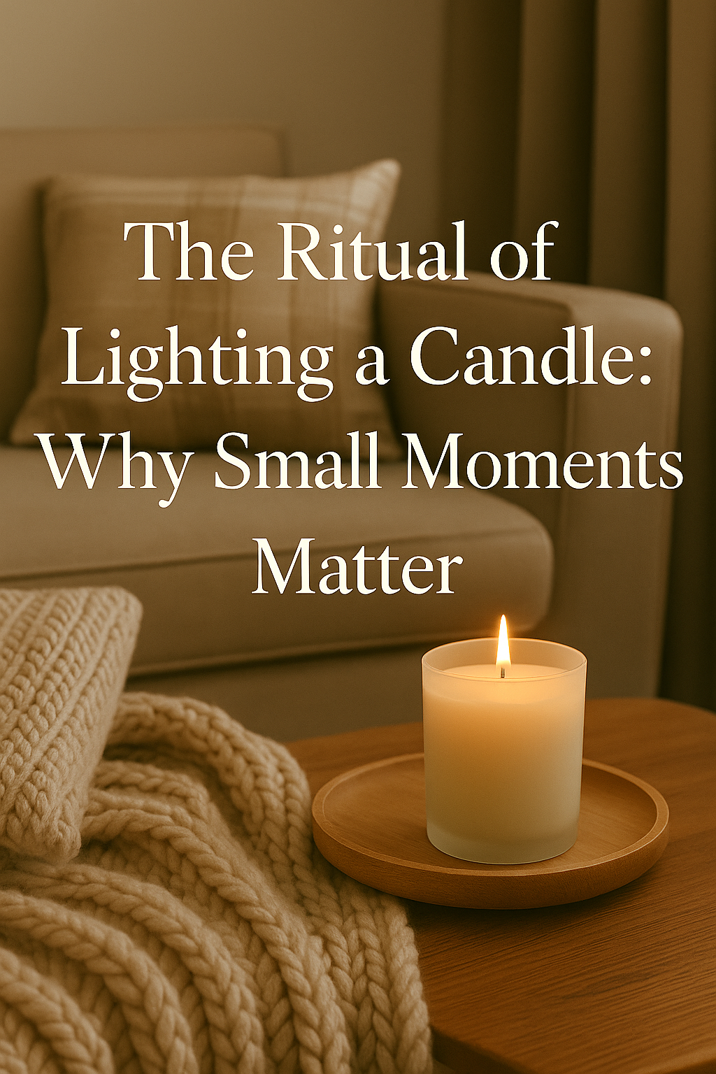 Cozy living room scene with a knit blanket, sofa, and a frosted glass candle jar on a wooden tray. The candle is lit with a soft natural flame and warm ambient glow. Overlaid text reads: The Ritual of Lighting a Candle: Why Small Moments Matter.