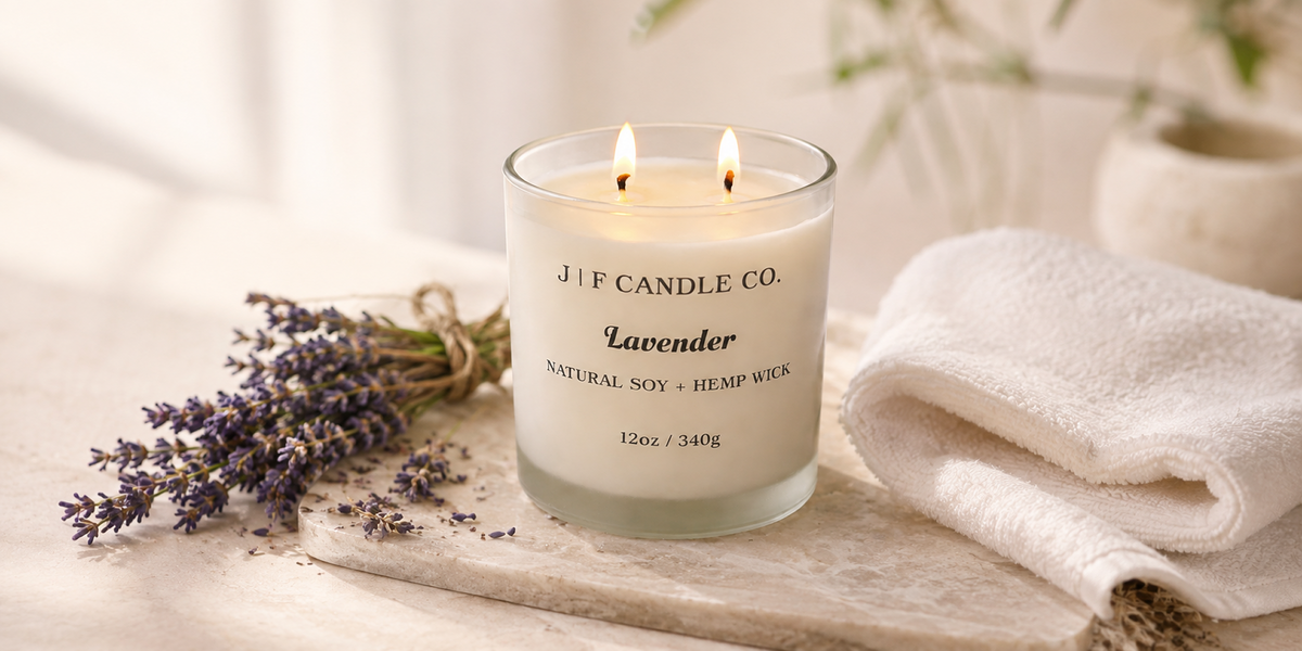 Lit double-wick Lavender soy candle beside dried lavender and folded white towels in a calm spa setting.
