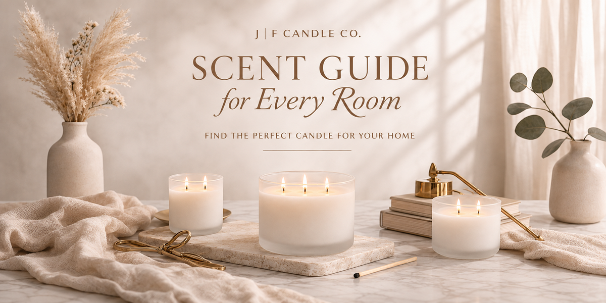 JF Candle Co. scent guide for every room featuring three lit soy candles in a warm, neutral home setting.