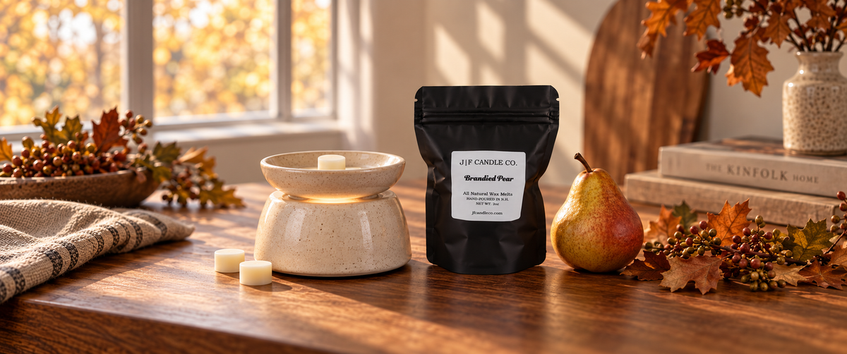 Amber Autumn Mums soy wax melts in original J | F CANDLE CO. resealable pouches.