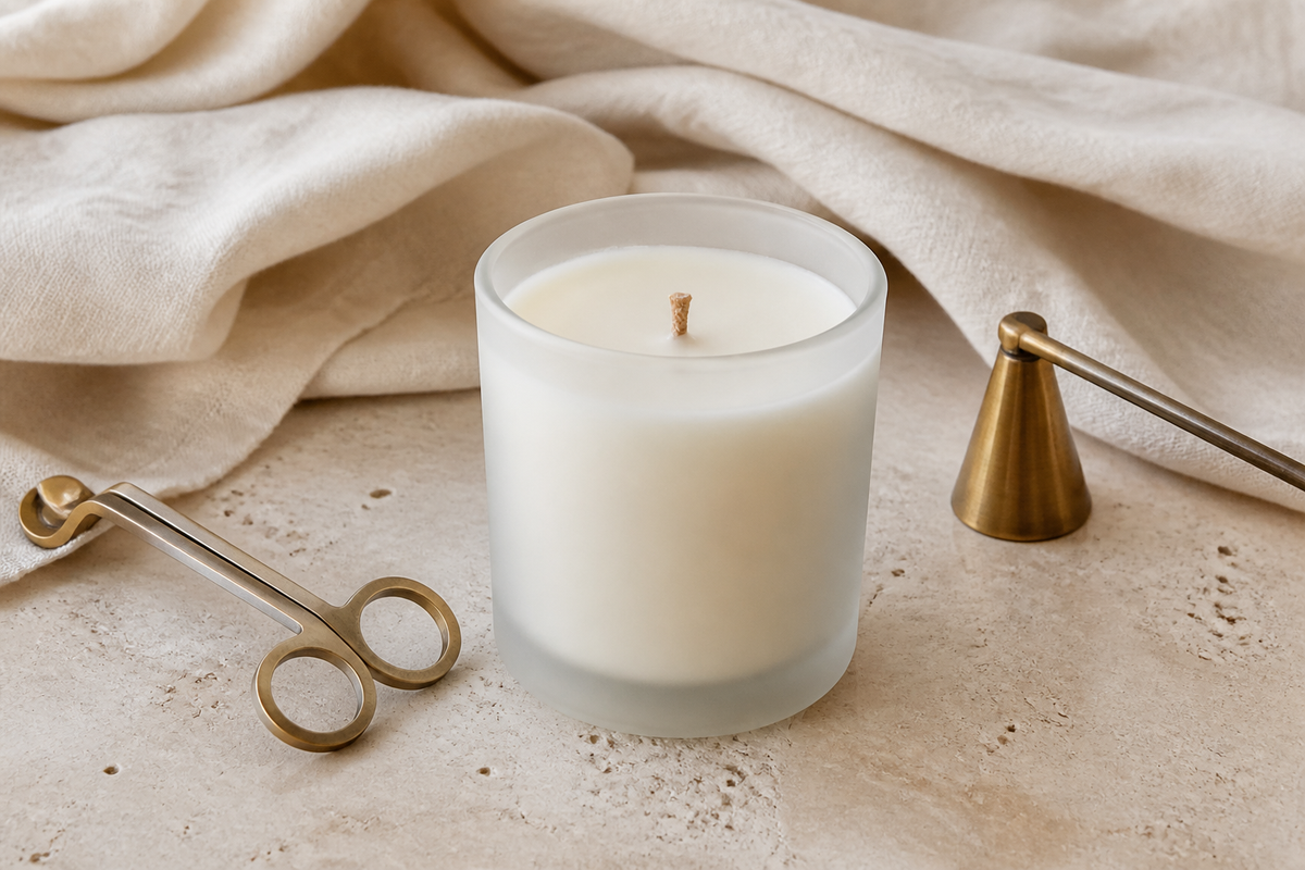 Lit J | F Candle Co. soy candle illustrating candle care tips for an even, longer-lasting burn.