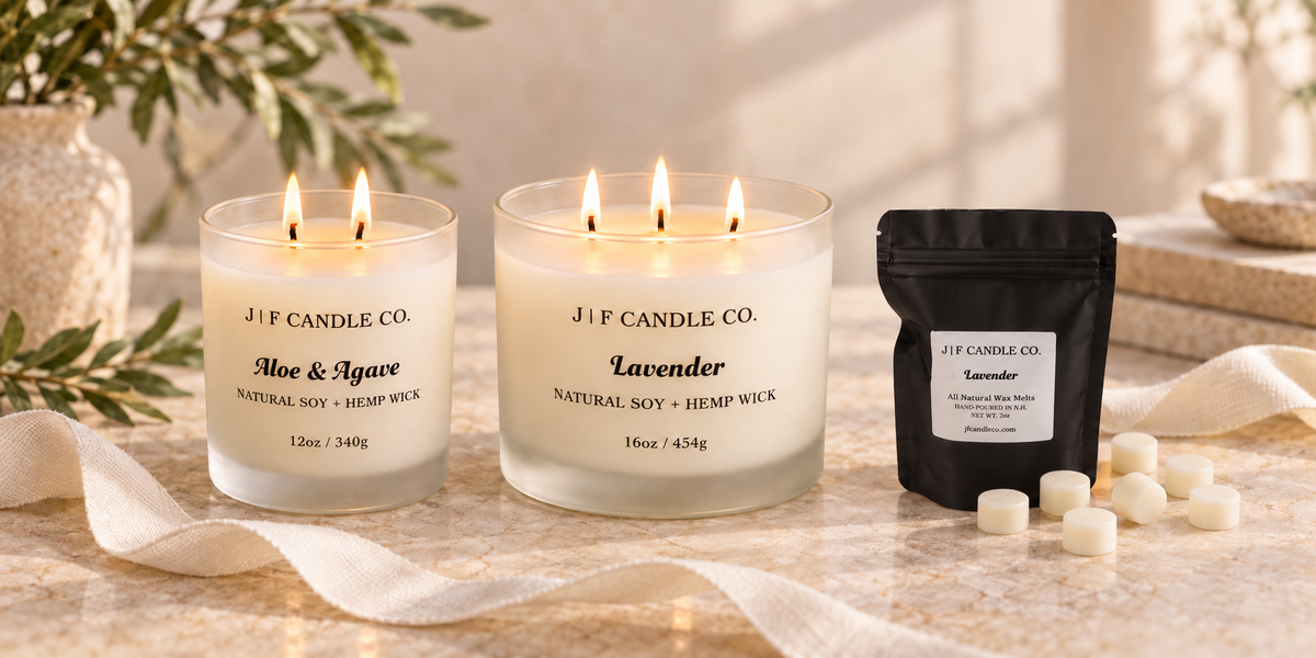 Aloe & Agave double-wick candle, Lavender three-wick candle, and Lavender wax melts with small round pieces by J | F Candle Co.
