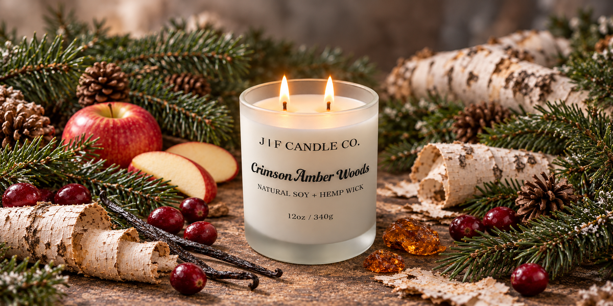 Crimson Amber Woods double-wick candle with evergreen branches, birch bark, apples, and cranberries in a wide winter scene