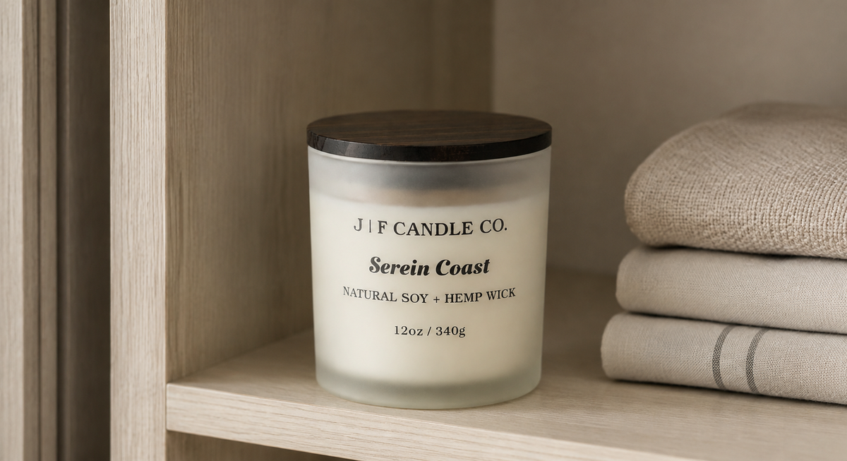 Serein Coast soy candle stored upright with its wooden lid on in a cool, shaded cabinet.