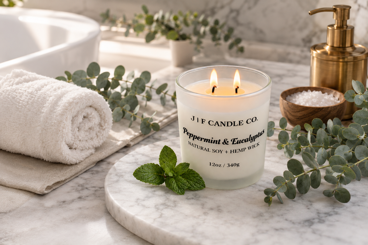 AmbePeppermint & Eucalyptus soy candle by JF Candle Co. glowing in a warm home setting for a guide to candle scent strength.