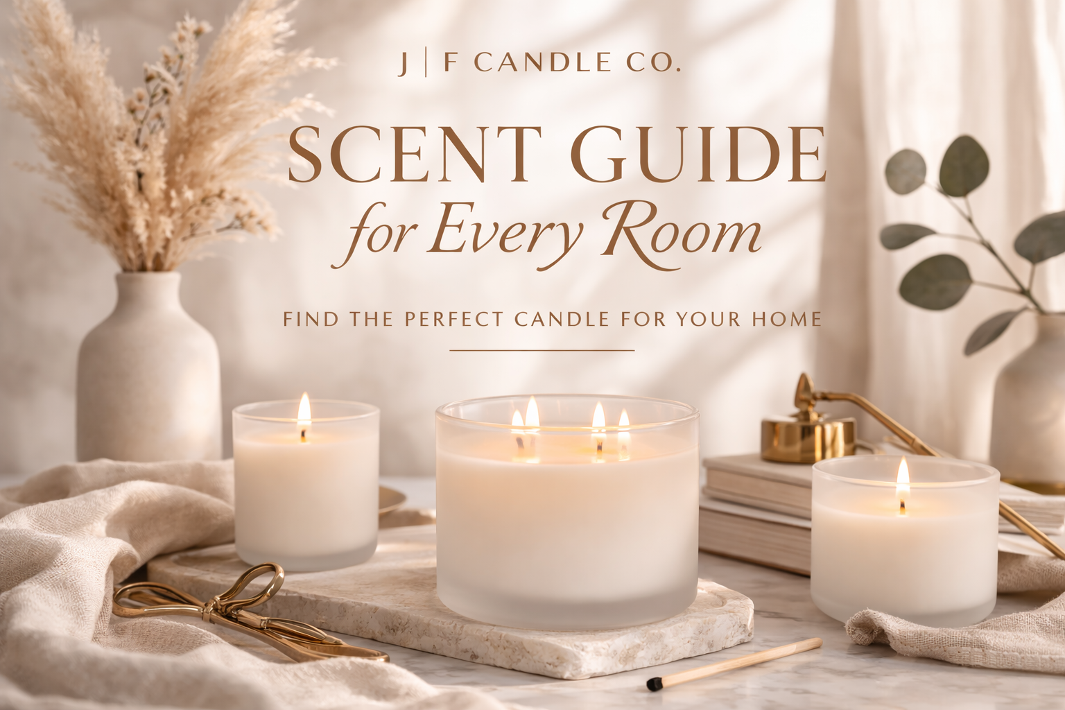 Luxury frosted glass soy candles styled on marble for JF Candle Co scent guide for every room