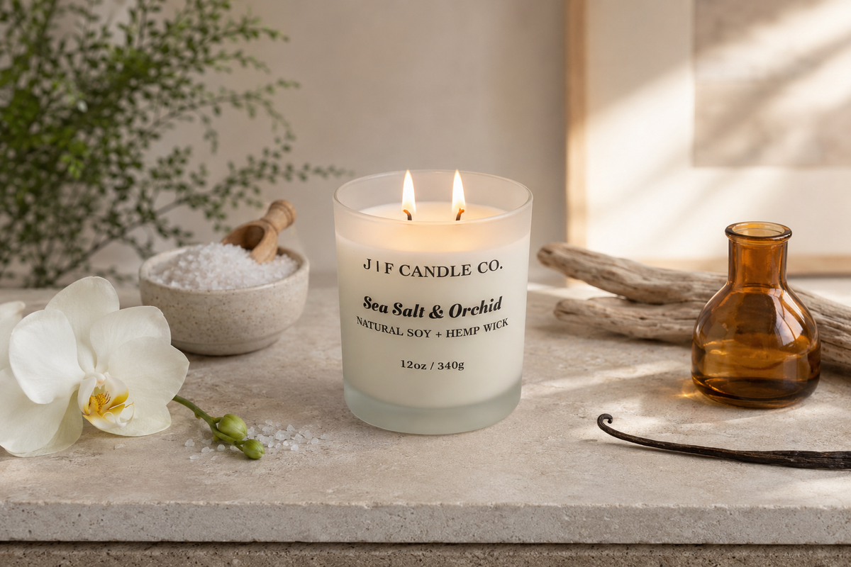 Lit Sea Salt & Orchid soy candle by J | F Candle Co. styled with a white orchid, sea salt, pale wood, amber glass, and vanilla to represent different candle scent families.