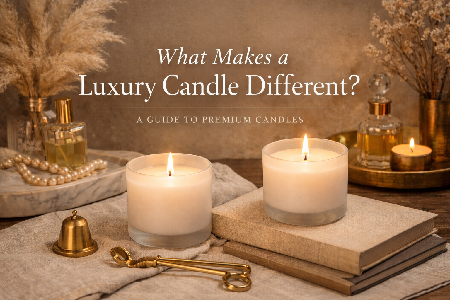 Luxury soy candles in frosted glass jars styled with brass accessories and warm lighting for a premium candle guide.