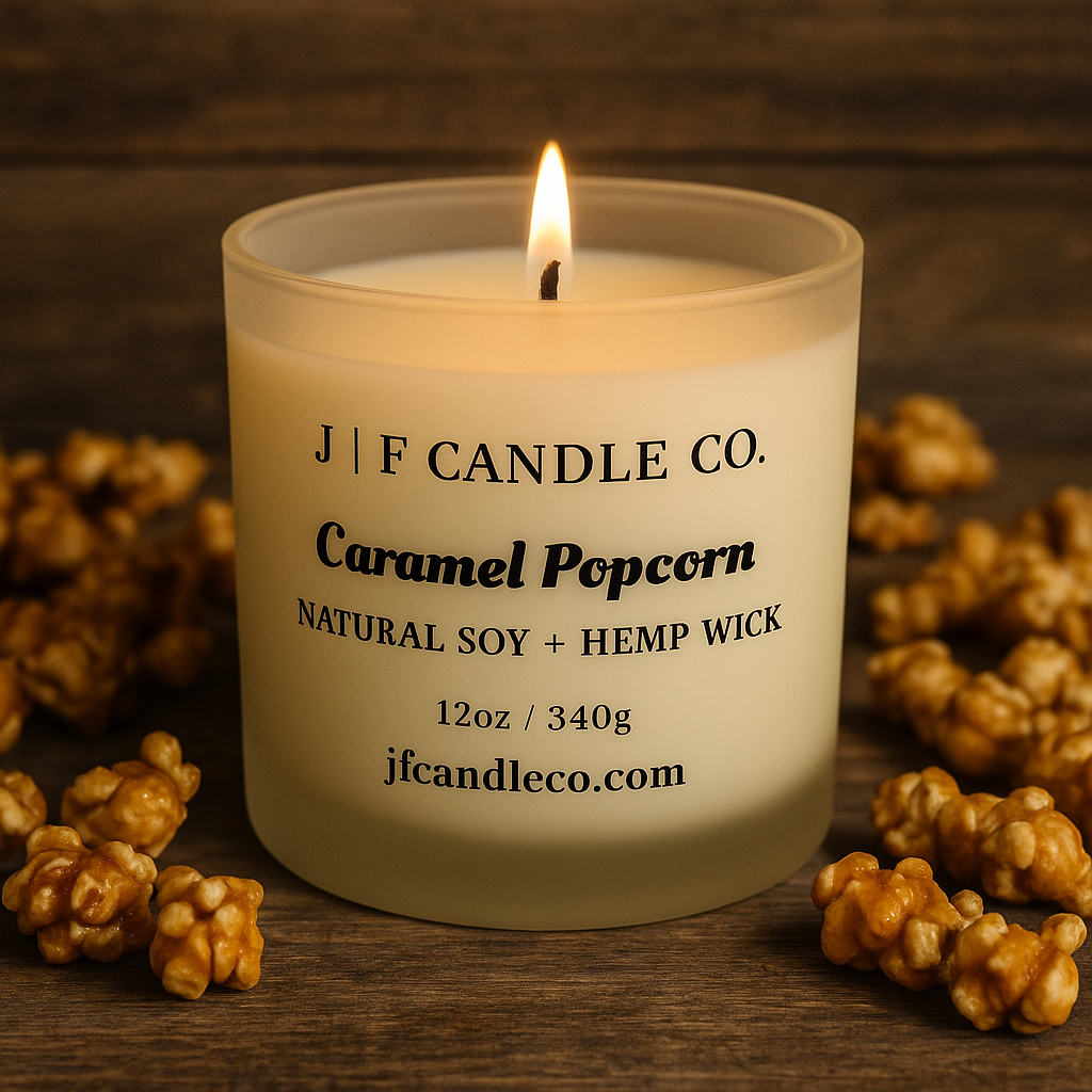 A lit Caramel Popcorn candle by J | F Candle Co. in a frosted glass jar, surrounded by pieces of caramel-coated popcorn on a rustic wooden surface.