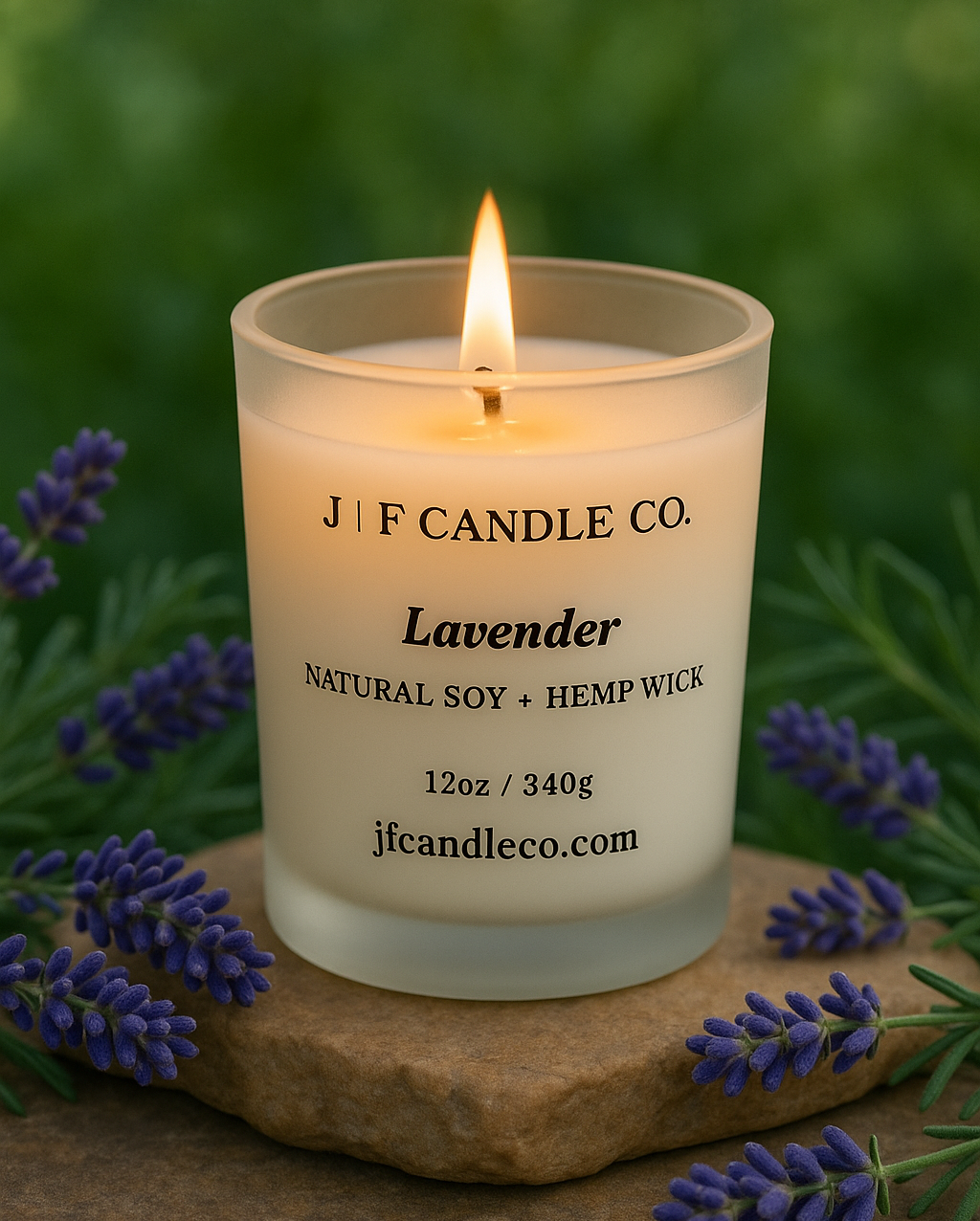 A lit “Lavender” candle by J | F Candle Co., made with natural soy and a hemp wick, is displayed outdoors on a stone surface surrounded by fresh lavender sprigs and green foliage, evoking a calm, botanical setting.