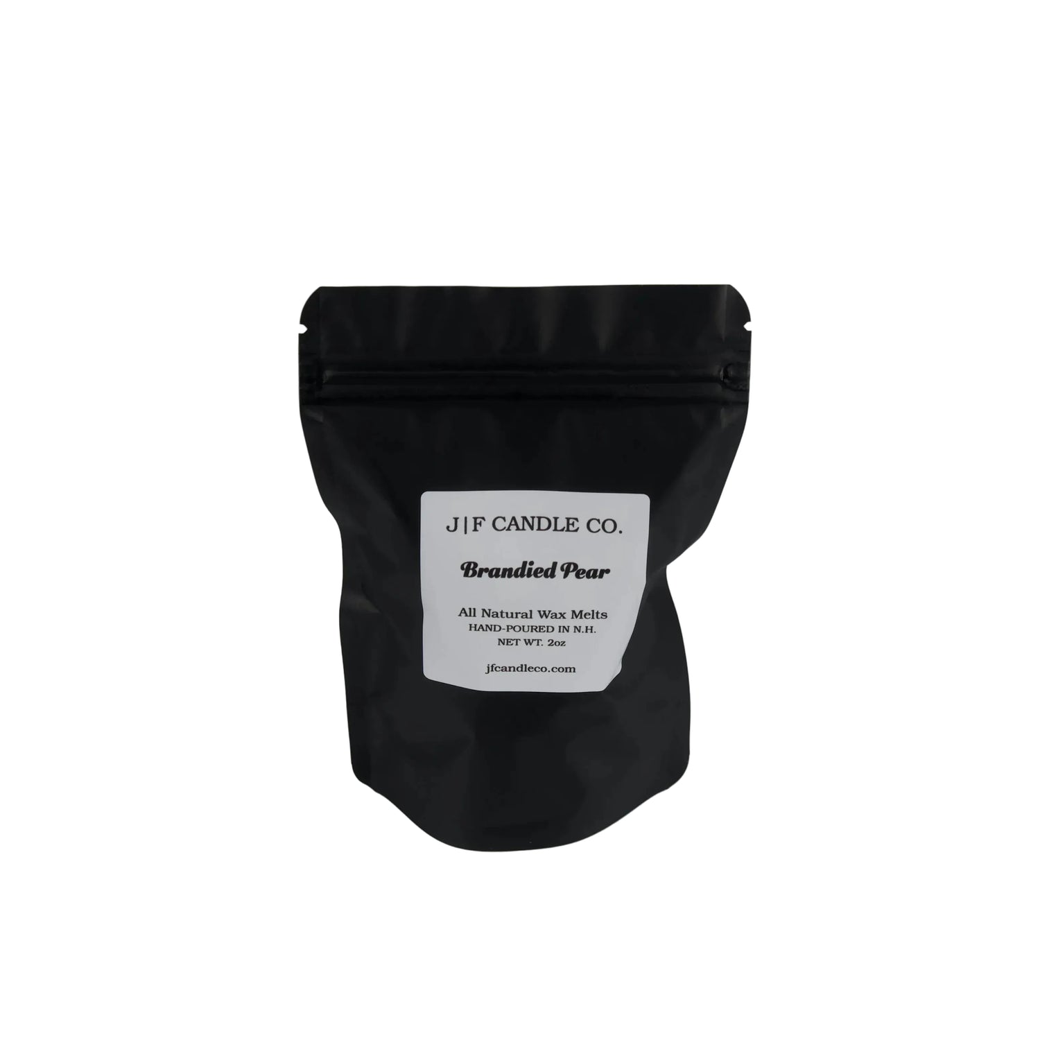 A black resealable stand-up pouch with a white label reading 'JF CANDLE CO. Brandied Pear' on a plain white background.