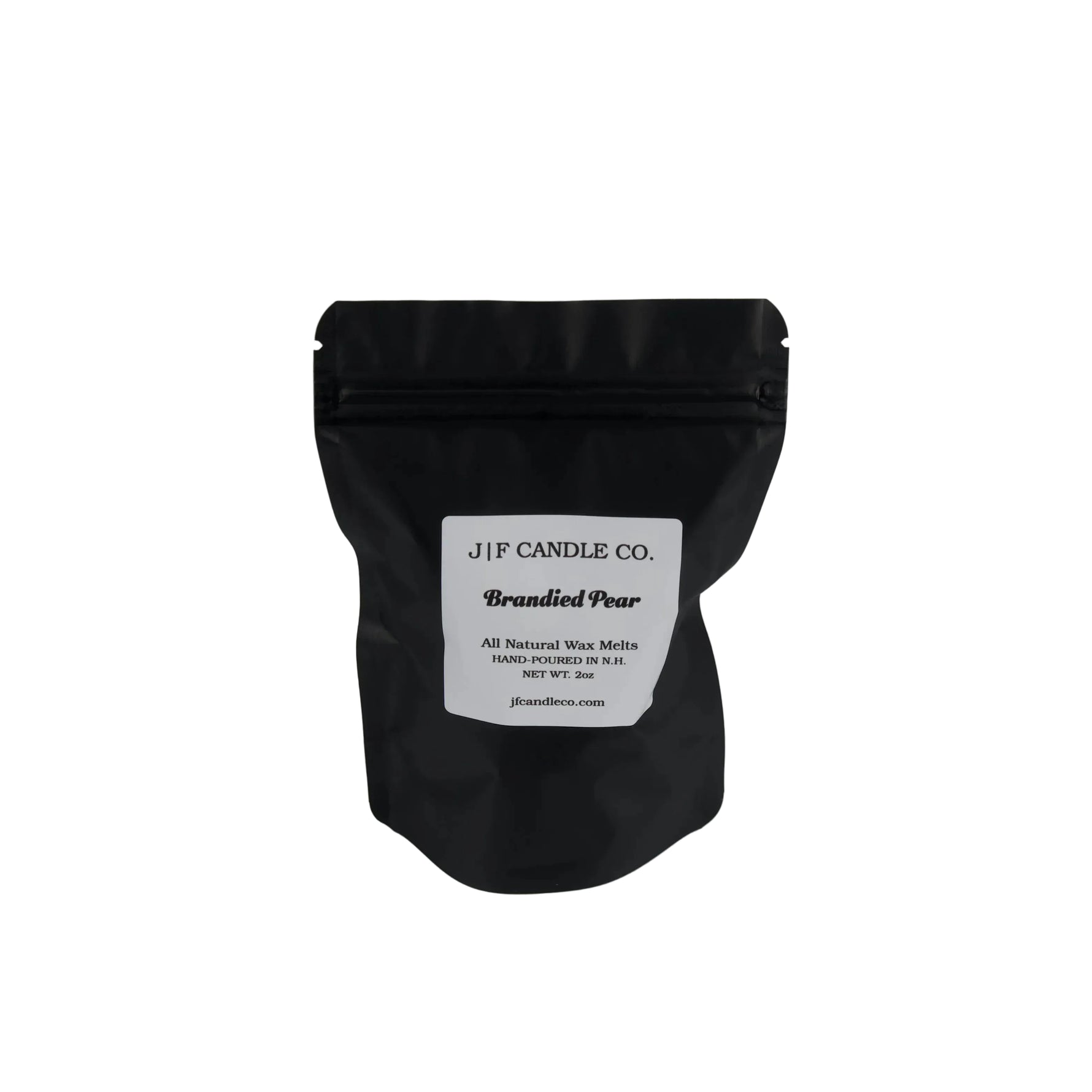 A black resealable stand-up pouch with a white label reading 'JF CANDLE CO. Brandied Pear' on a plain white background.