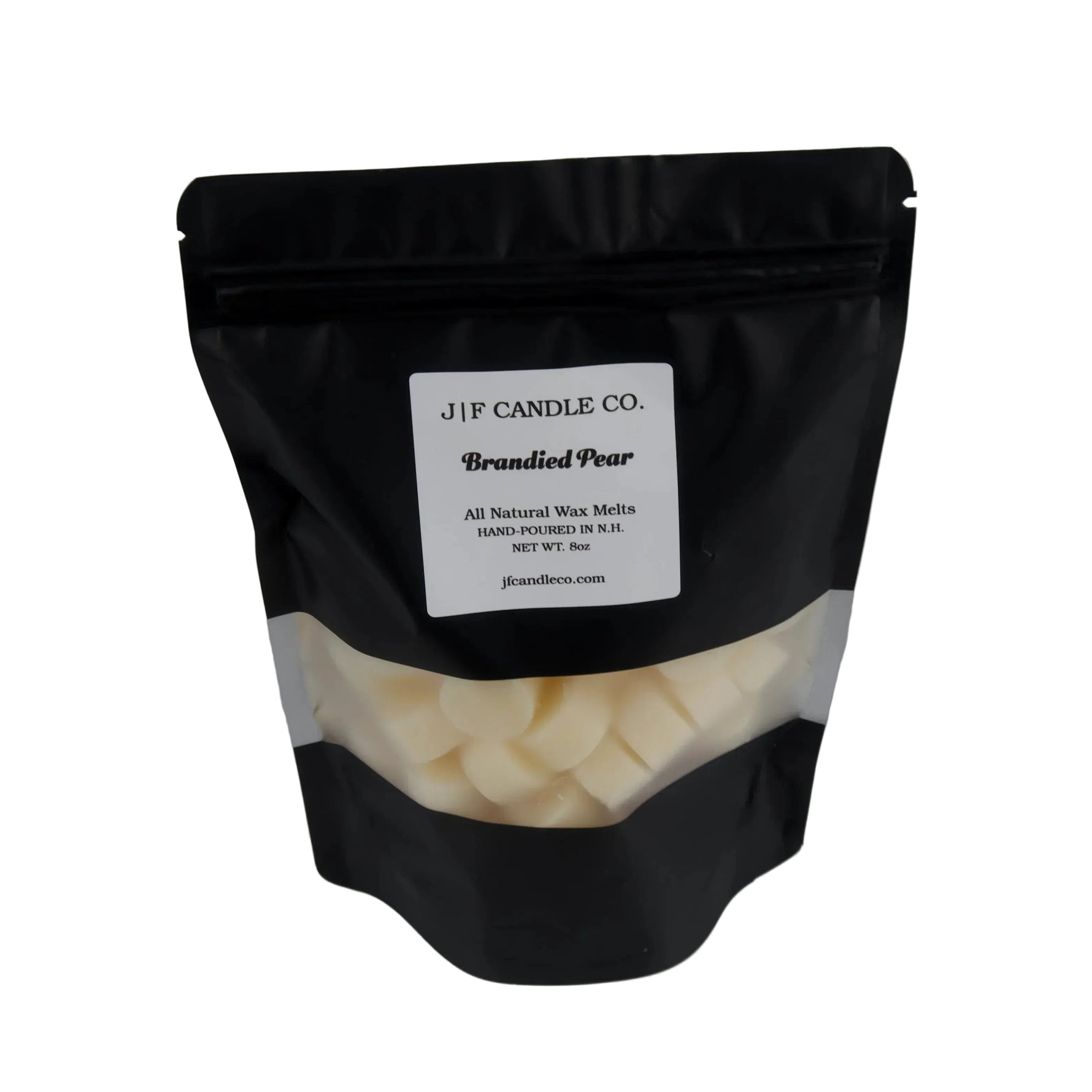 Black bag of JF Candle Co. Brandied Pear wax melts on a gray background