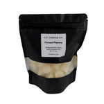 A black resealable stand-up pouch with a clear window and white label reading 'JF CANDLE CO.' and 'Caramel Popcorn' on a plain white background.