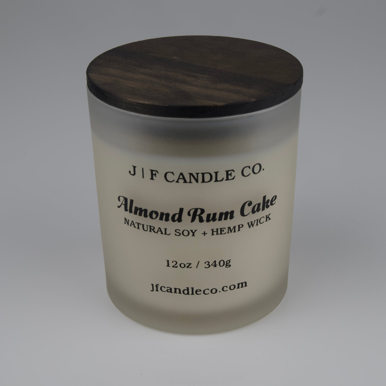 JF Candle Co. Almond Rum Cake candle 12oz, soy wax and single hemp wick, frosted glass jar with wooden lid