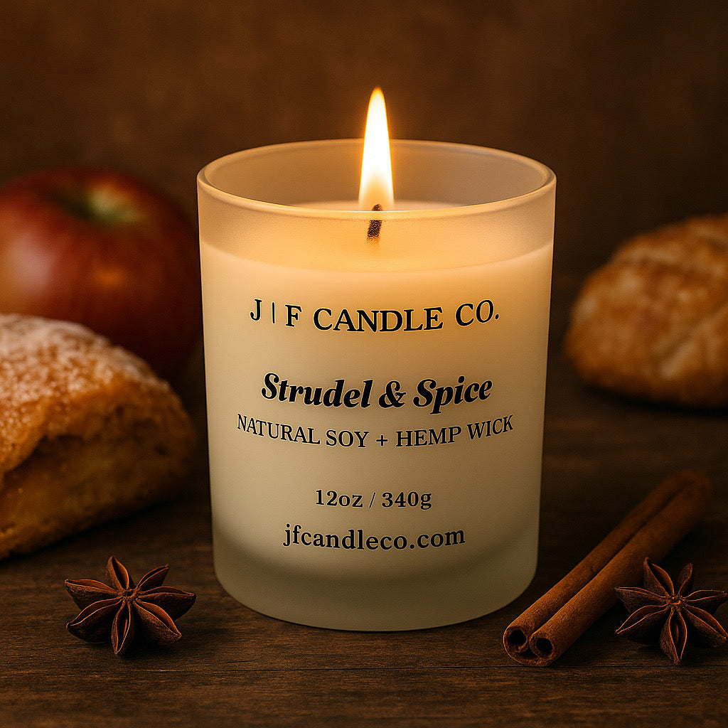 Warm Strudel & Spice scented soy candle with hemp wick in frosted jar by J | F Candle Co., surrounded by cinnamon sticks, apple, and baked pastry for a cozy fall aesthetic.