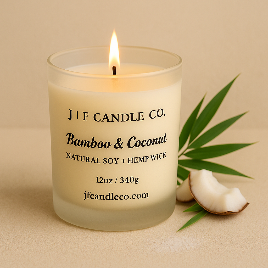 Bamboo & Coconut natural soy candle with hemp wick by J | F Candle Co., displayed lit with coconut pieces and bamboo for a tropical clean scent.