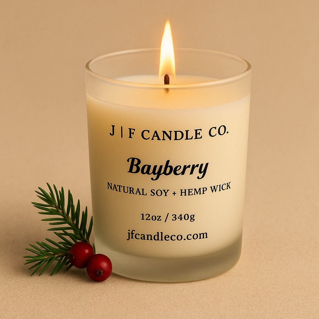 Bayberry natural soy candle with hemp wick by J | F Candle Co., photographed lit with a minimal evergreen sprig and red berries on a warm sand background.