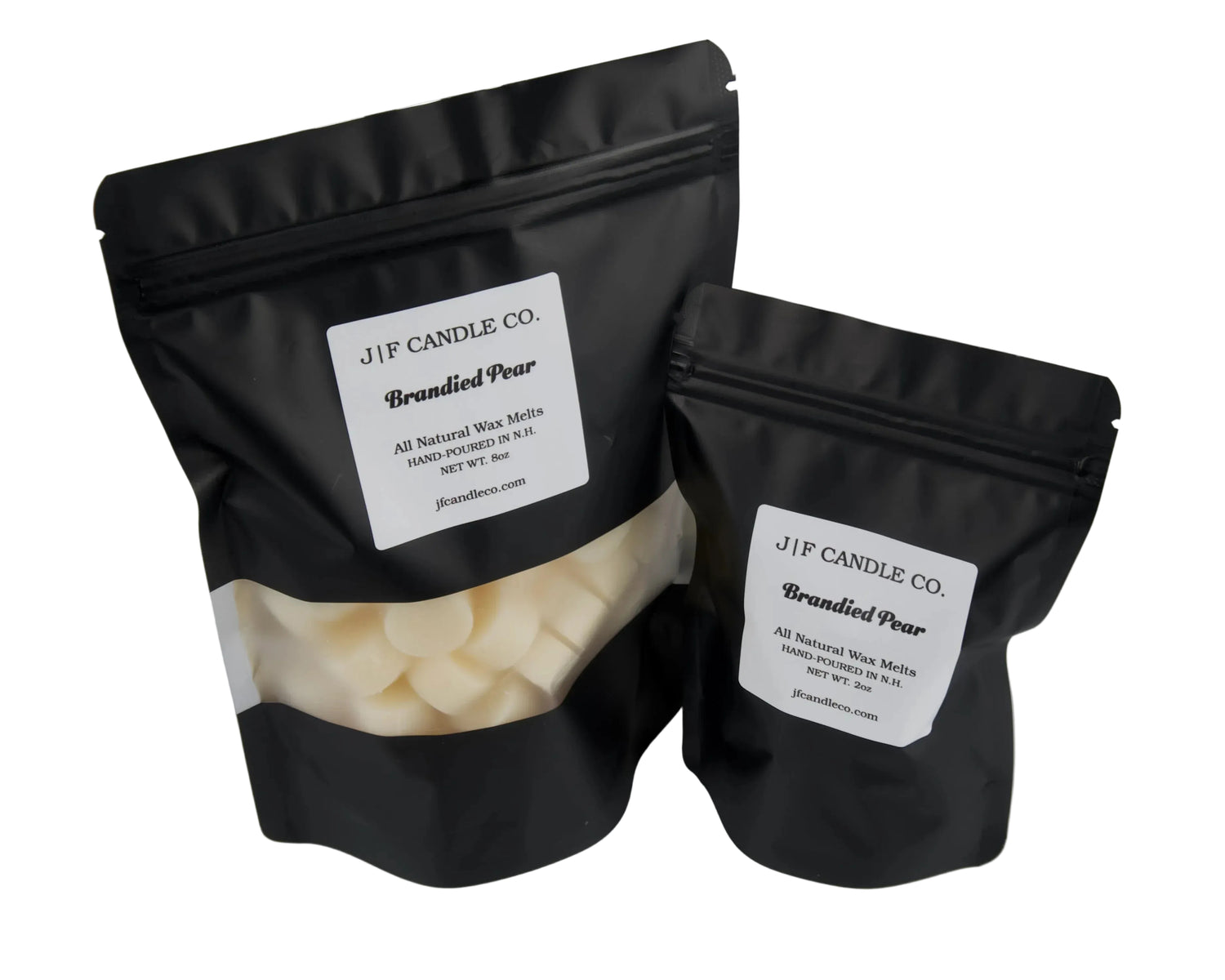 Two black resealable stand-up pouches of JF Candle Co. Branded Pear wax melts, with one larger bag and one smaller bag, both showing white wax pieces through clear windows on a white background.