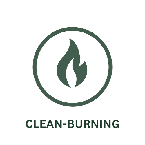 Icon with a flame design inside a circle, labeled 'Clean-Burning', on a white background.