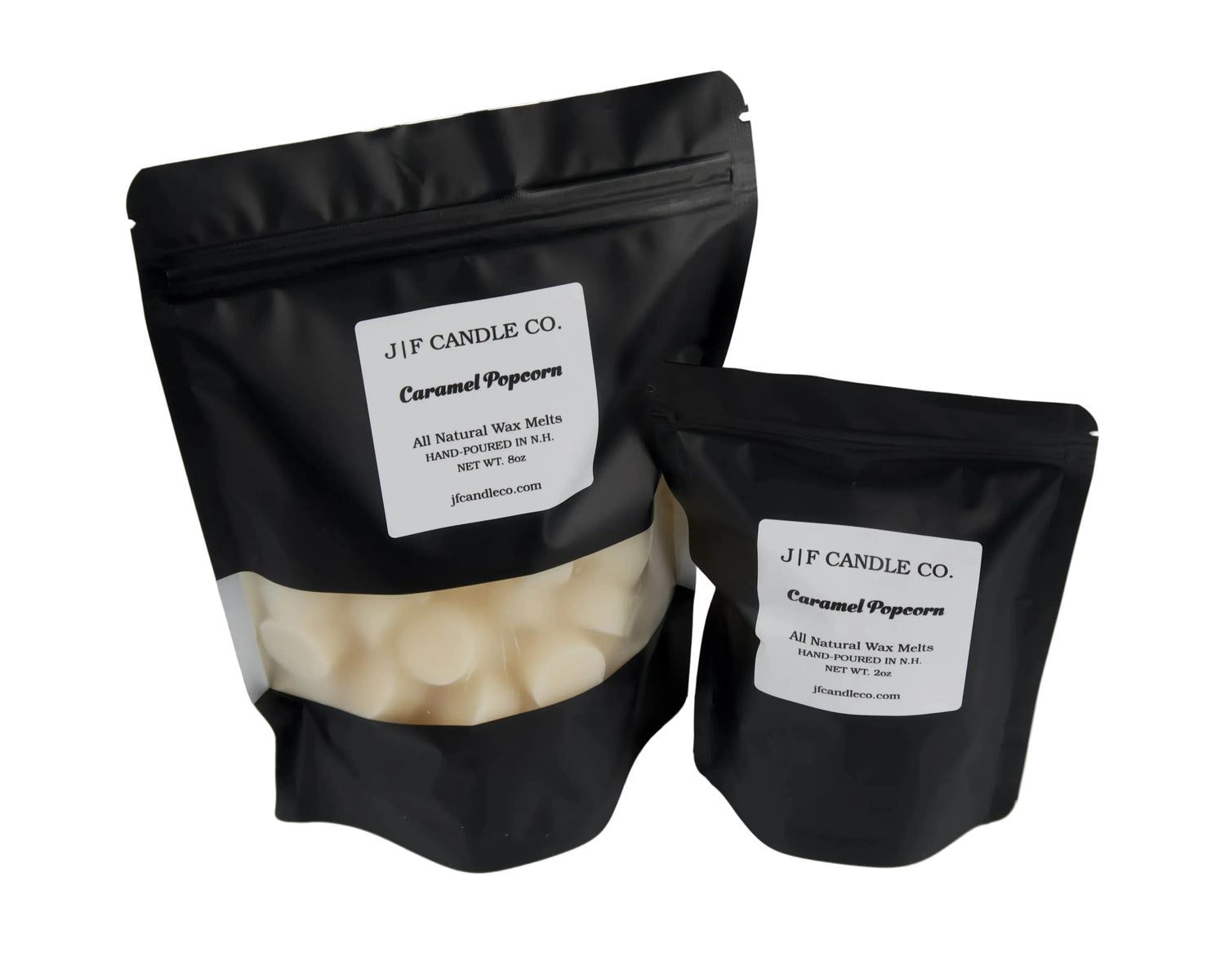 Two black resealable stand-up pouches of JF Candle Co. Caramel Popcorn wax melts on a plain white background, with the larger pouch showing a clear window revealing off-white wax melts inside.