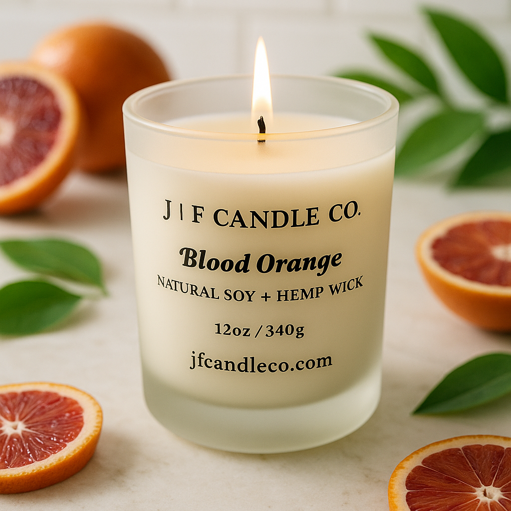 A lit Blood Orange scented candle in a frosted glass jar from J | F Candle Co., placed on a light marble surface with fresh blood orange slices and green leaves around it, styled in bright natural lighting.