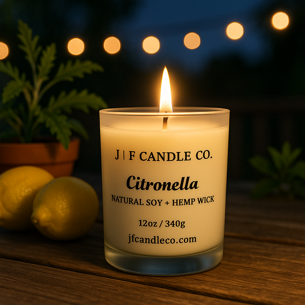 A lit Citronella candle in a frosted glass jar from J | F Candle Co., placed on a wooden outdoor table at dusk with lemons and potted greenery nearby, and warm string lights glowing softly in the background.