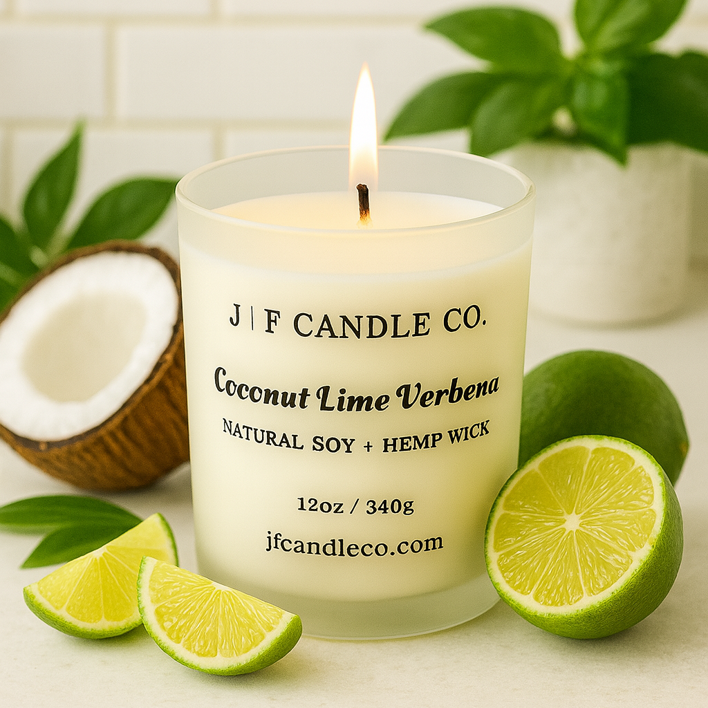 A lit Coconut Lime Verbena candle from J | F Candle Co. in a frosted glass jar with black text, surrounded by fresh lime wedges, a halved coconut, green leaves, and a potted plant in the background. The label reads “NATURAL SOY + HEMP WICK,” “12oz / 340g,” and “jfcandleco.com.” Set against a light countertop with white tile backsplash.