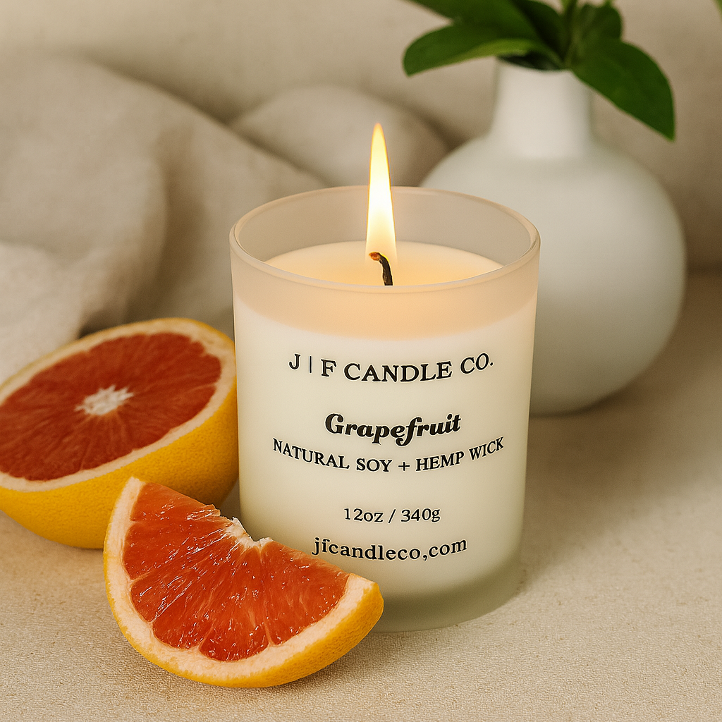 A lit J | F Candle Co. “Grapefruit” natural soy candle with a hemp wick in a frosted glass jar sits on a warm beige surface. Around it are fresh grapefruit slices and a halved grapefruit, with a soft beige cloth and a small white vase holding green leaves in the background, all softly illuminated by natural light for a calm, elegant look.