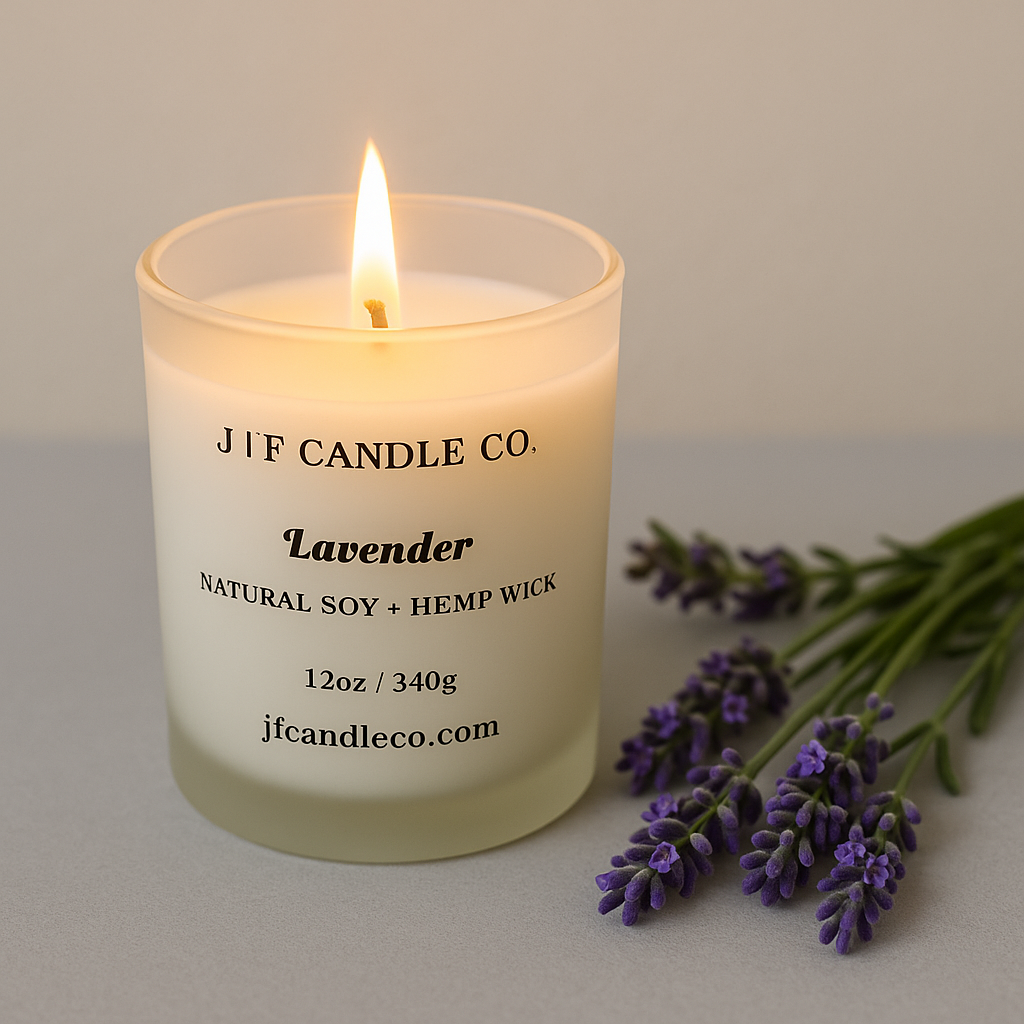 Luxury lavender soy candle by J | F Candle Co. with a glowing flame and fresh lavender sprigs on a neutral background, natural soy and hemp wick, eco-friendly handmade candle for relaxation and aromatherapy.