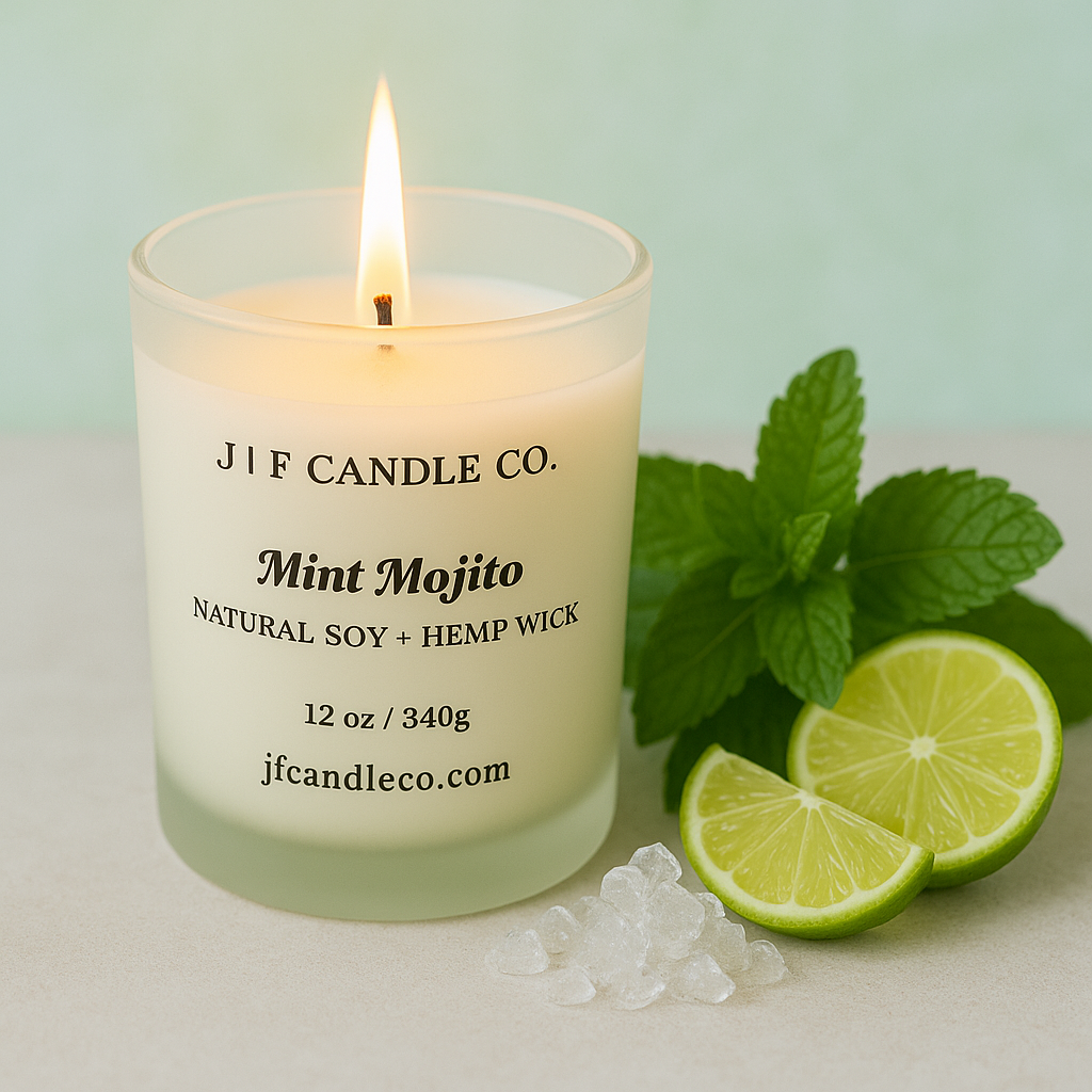 A lit Mint Mojito candle from J | F Candle Co. in a frosted glass jar sits on a light surface surrounded by fresh mint leaves, lime slices, and crushed ice, creating a bright and refreshing tropical aesthetic.
