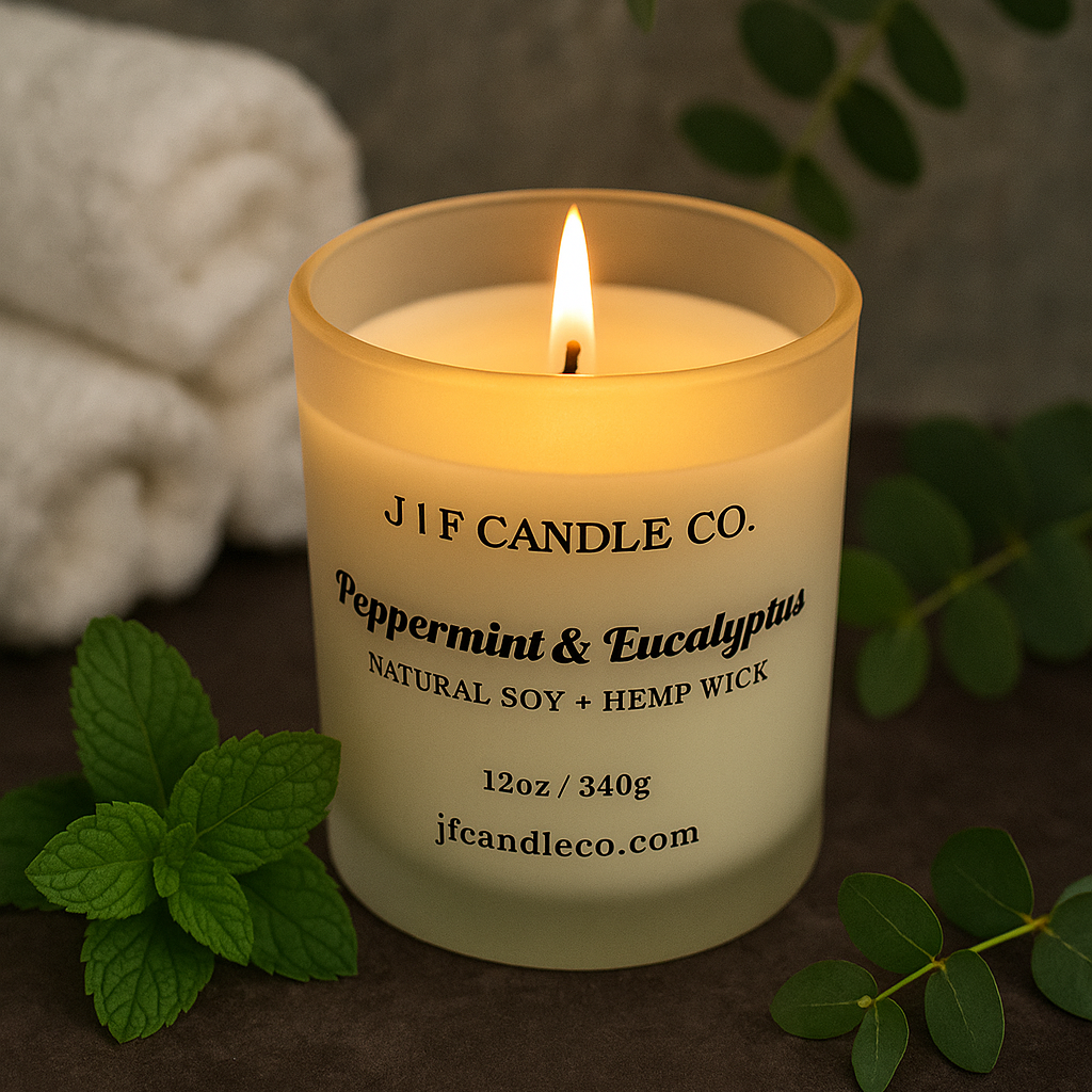 Lit J | F Candle Co. Peppermint & Eucalyptus soy candle in frosted glass jar, surrounded by fresh peppermint and eucalyptus leaves, spa towels, and stone background — luxury aromatherapy candle scene.