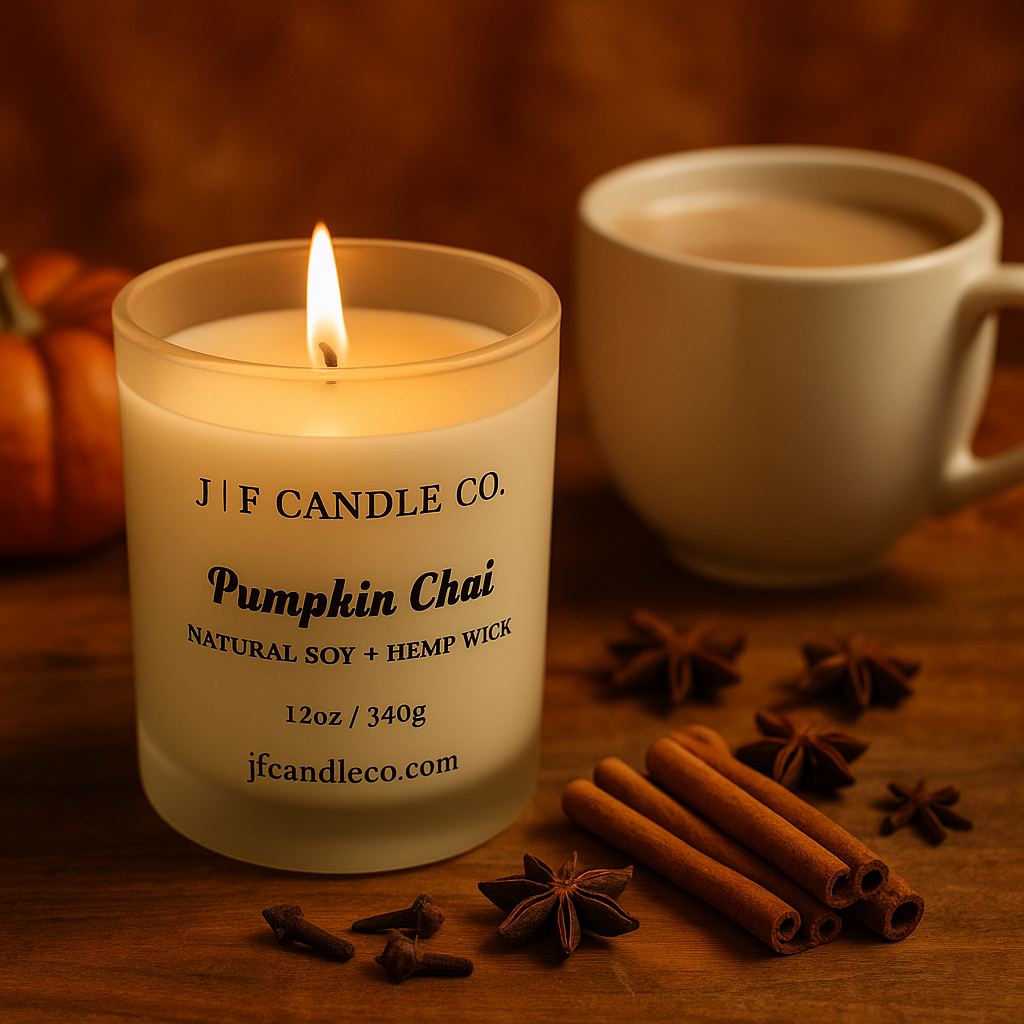 Lit J | F Candle Co. Pumpkin Chai candle in frosted glass jar on rustic wood surface, surrounded by cinnamon sticks, star anise, whole cloves, and a ceramic cup of chai with a cozy knit blanket in the background — warm and inviting autumn aromatherapy scene.