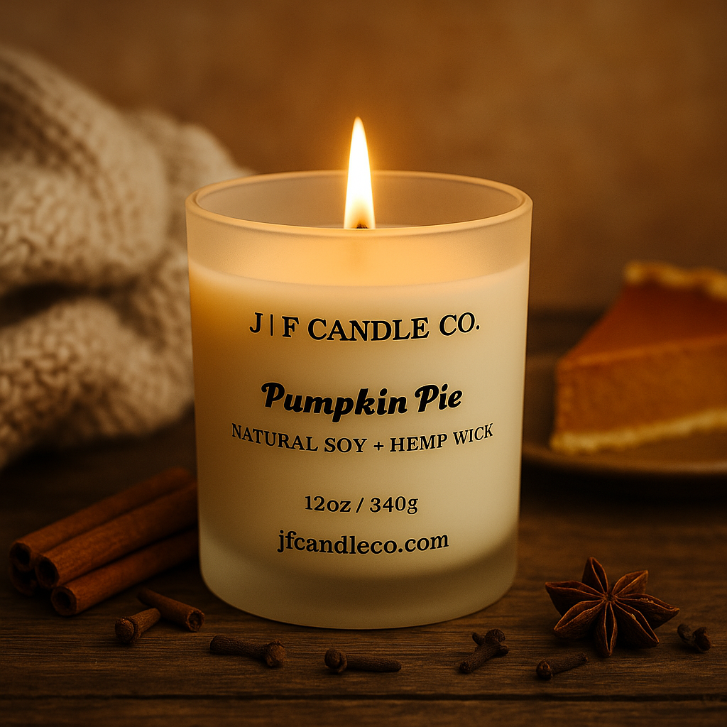 Lit J | F Candle Co. Pumpkin Pie candle in frosted glass jar on rustic wood surface, surrounded by cinnamon sticks, star anise, whole cloves, and a slice of pumpkin pie with a cozy knit blanket in the background — warm autumn-inspired luxury soy candle scene.