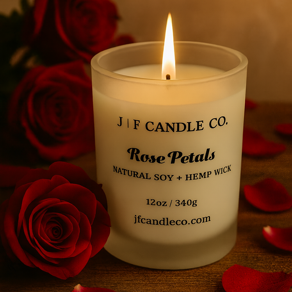 Lit J | F Candle Co. Rose Petals candle in a frosted glass jar on a wooden surface, surrounded by deep red roses and scattered rose petals — romantic, floral luxury soy candle scene.