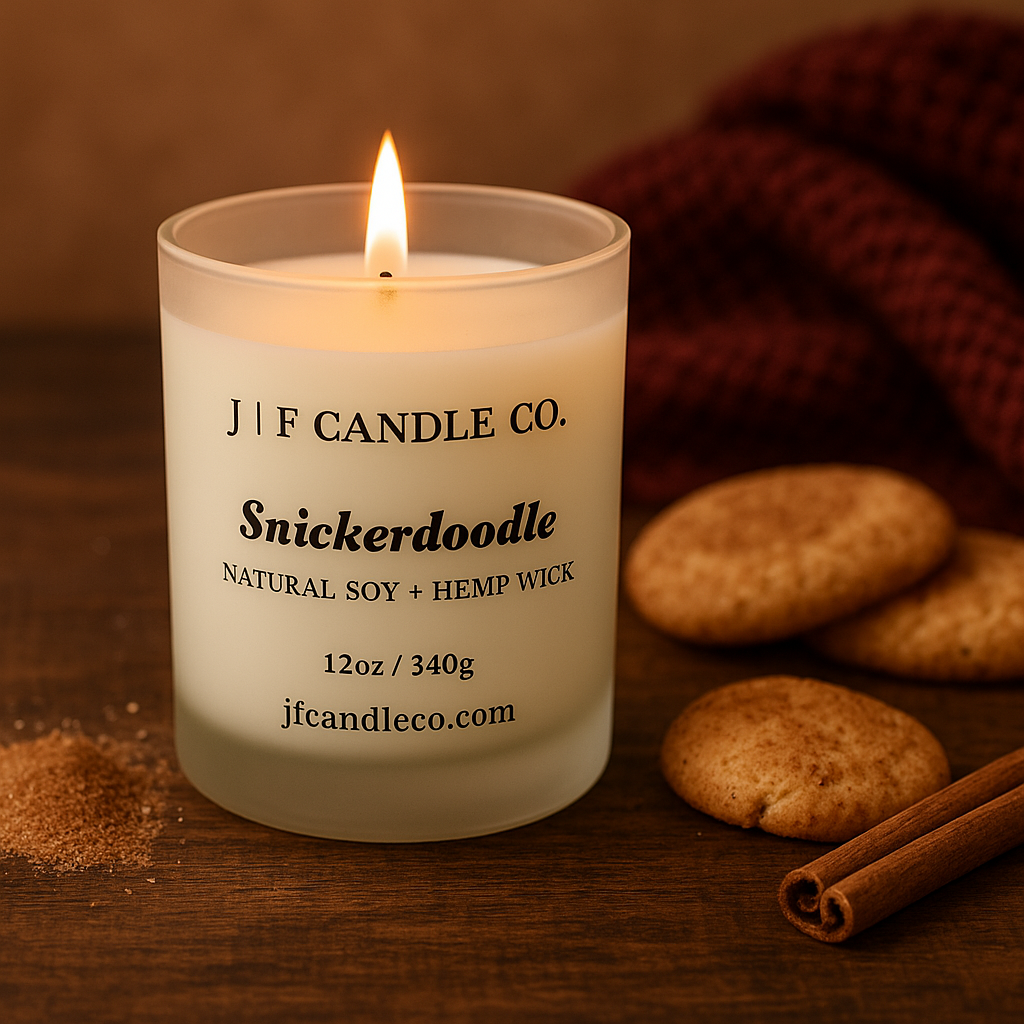 Lit J | F Candle Co. Snickerdoodle candle in a frosted glass jar, styled with cinnamon sticks and fresh baked cookies on a cozy, neutral background — warm, sweet, dessert-inspired soy candle scene.
