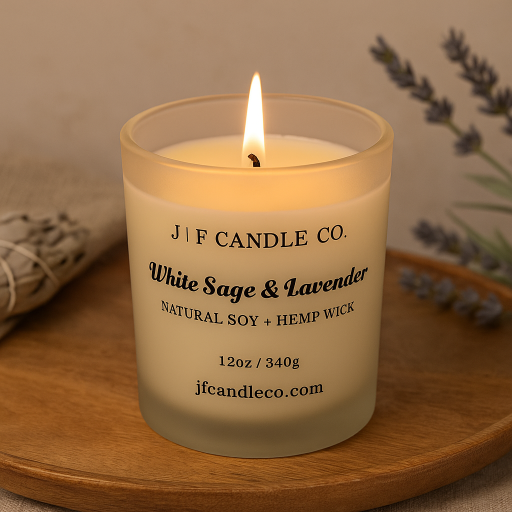 Lit White Sage & Lavender candle from J | F Candle Co. on a wooden tray with lavender and sage decor — natural soy and hemp wick candle in frosted glass, warm cozy ambiance