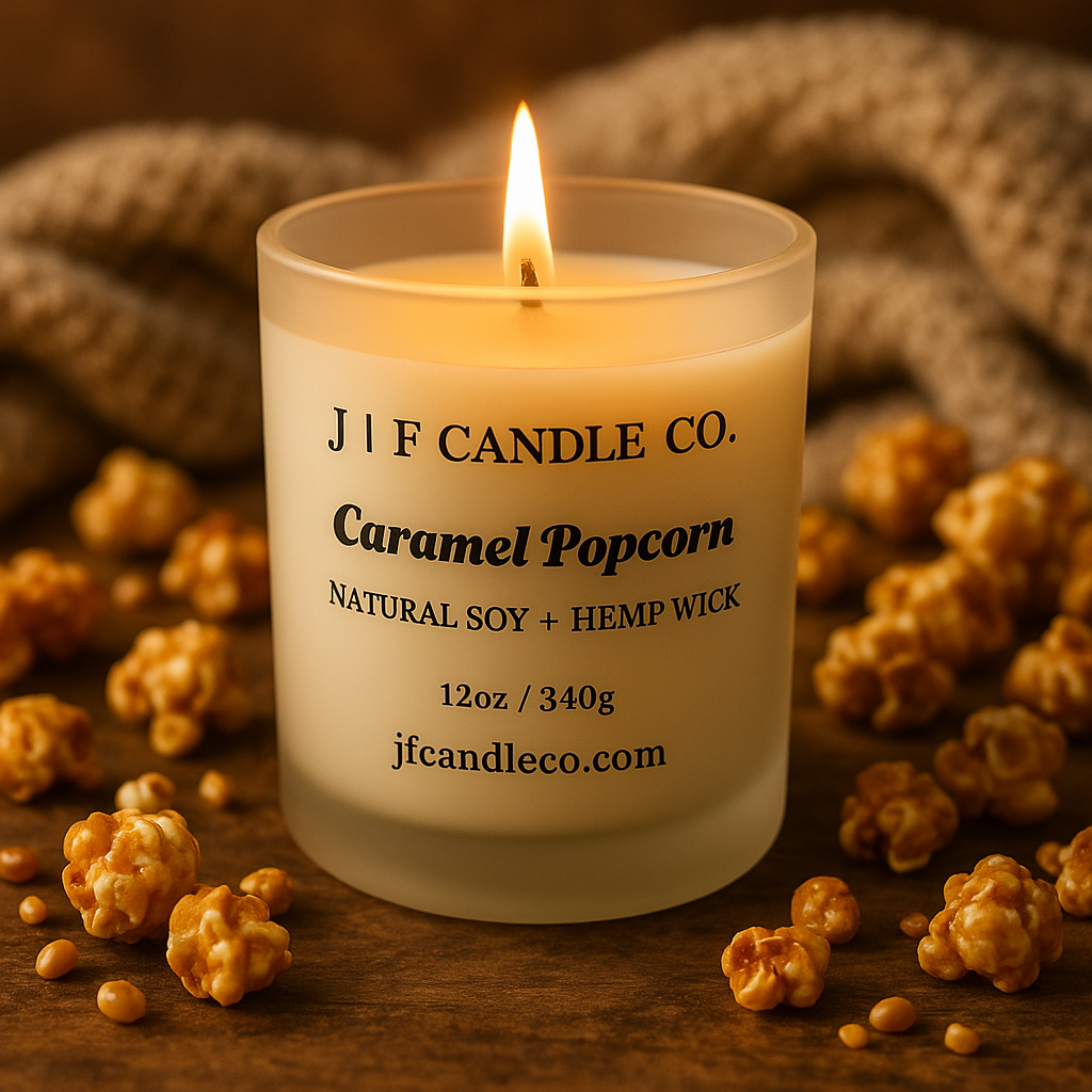 A frosted glass jar candle labeled “Caramel Popcorn” from J | F Candle Co. sits on a wooden surface. The wick is lit, casting a warm golden light. Caramel-coated popcorn pieces are scattered around the candle, with a textured beige blanket softly blurred in the background.
