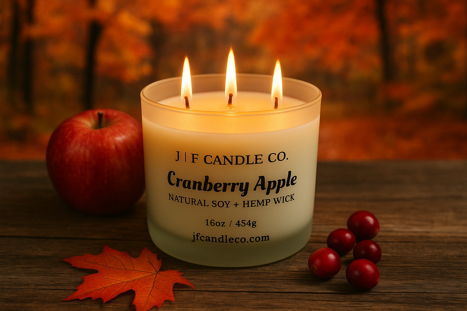 Cranberry Apple candle from J/F Candle Co. with an apple, leaves, and berries on a wooden surface.
